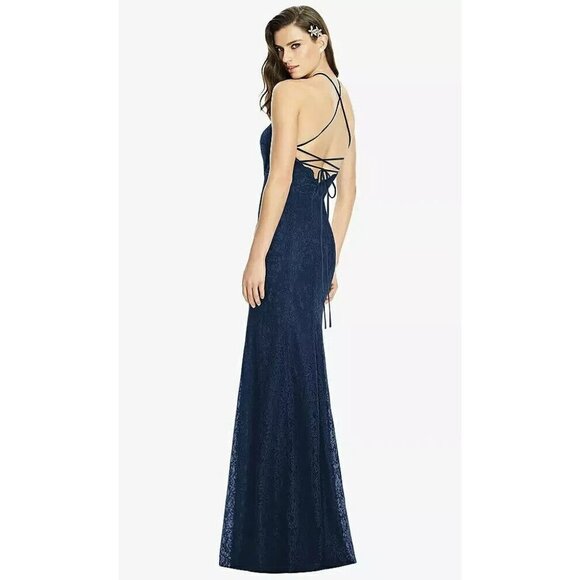 DESSY COLLECTION Halter Criss Cross Open-back Lace Trumpet Gown Navy Size 2 - Picture 9 of 9